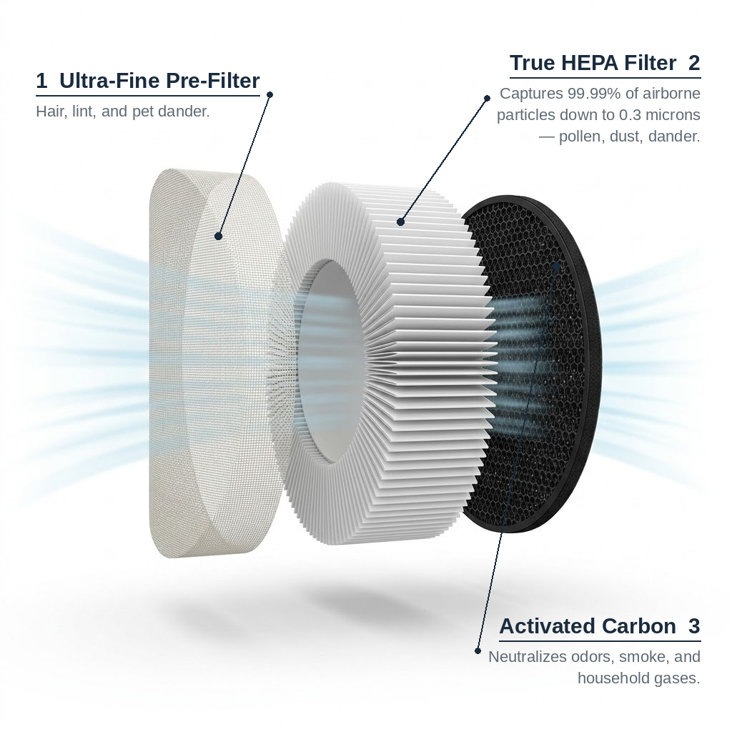 Allerze 3-layer filtration: ultra-fine pre-filter, True HEPA, and activated carbon