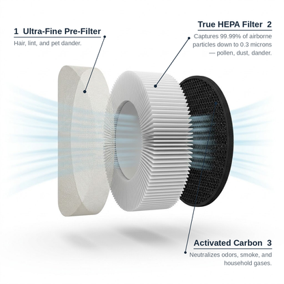 Allerze 3-layer filtration: ultra-fine pre-filter, True HEPA, and activated carbon
