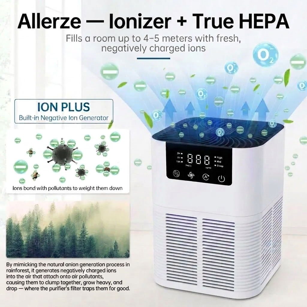 How Allerze's negative ions bond with floating pollen and dust so they drop into the filter