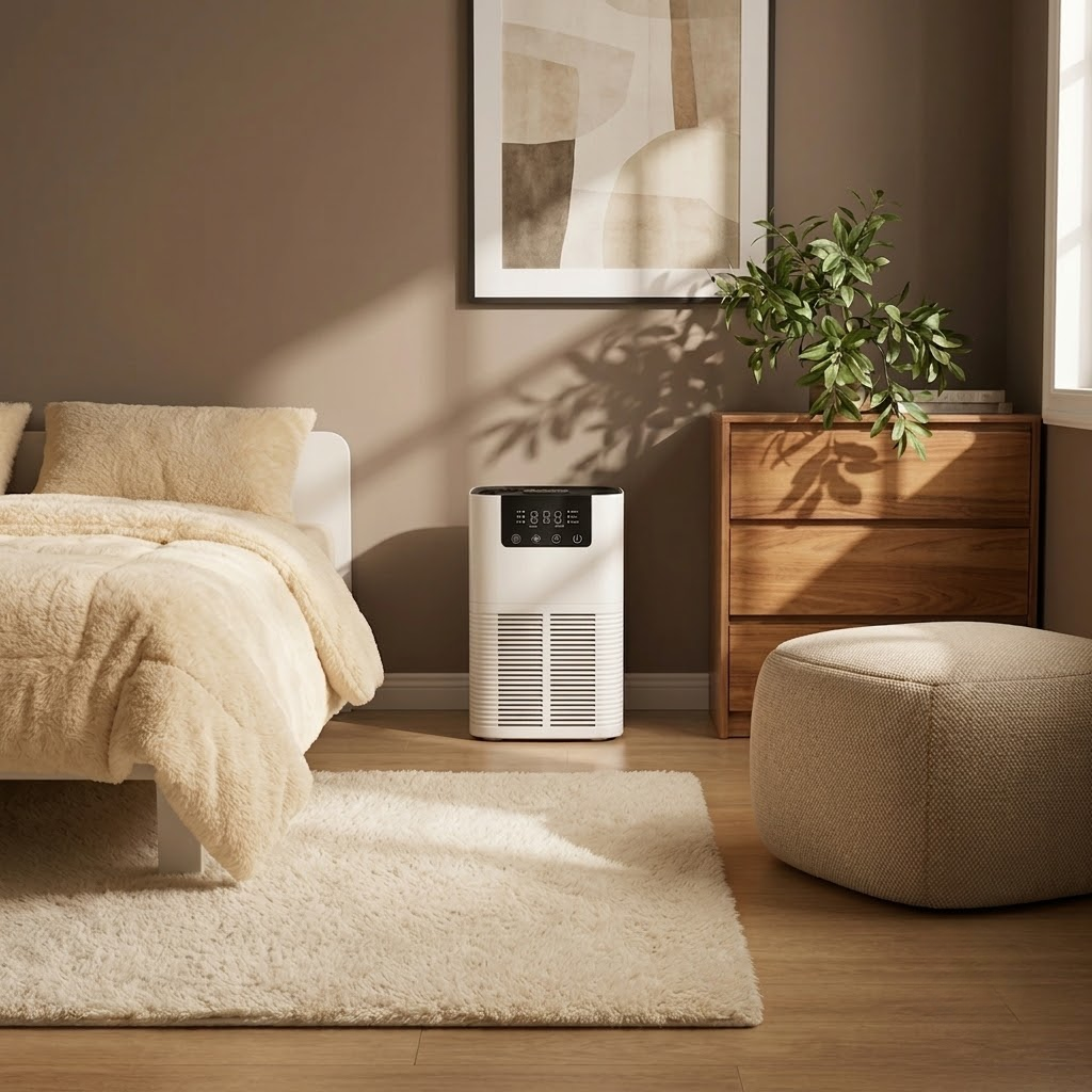 Allerze Air Purifier in a cozy, modern bedroom