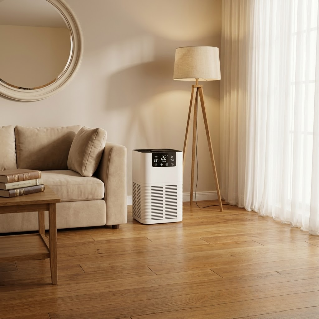 Allerze Air Purifier beside a sofa in a bright living room