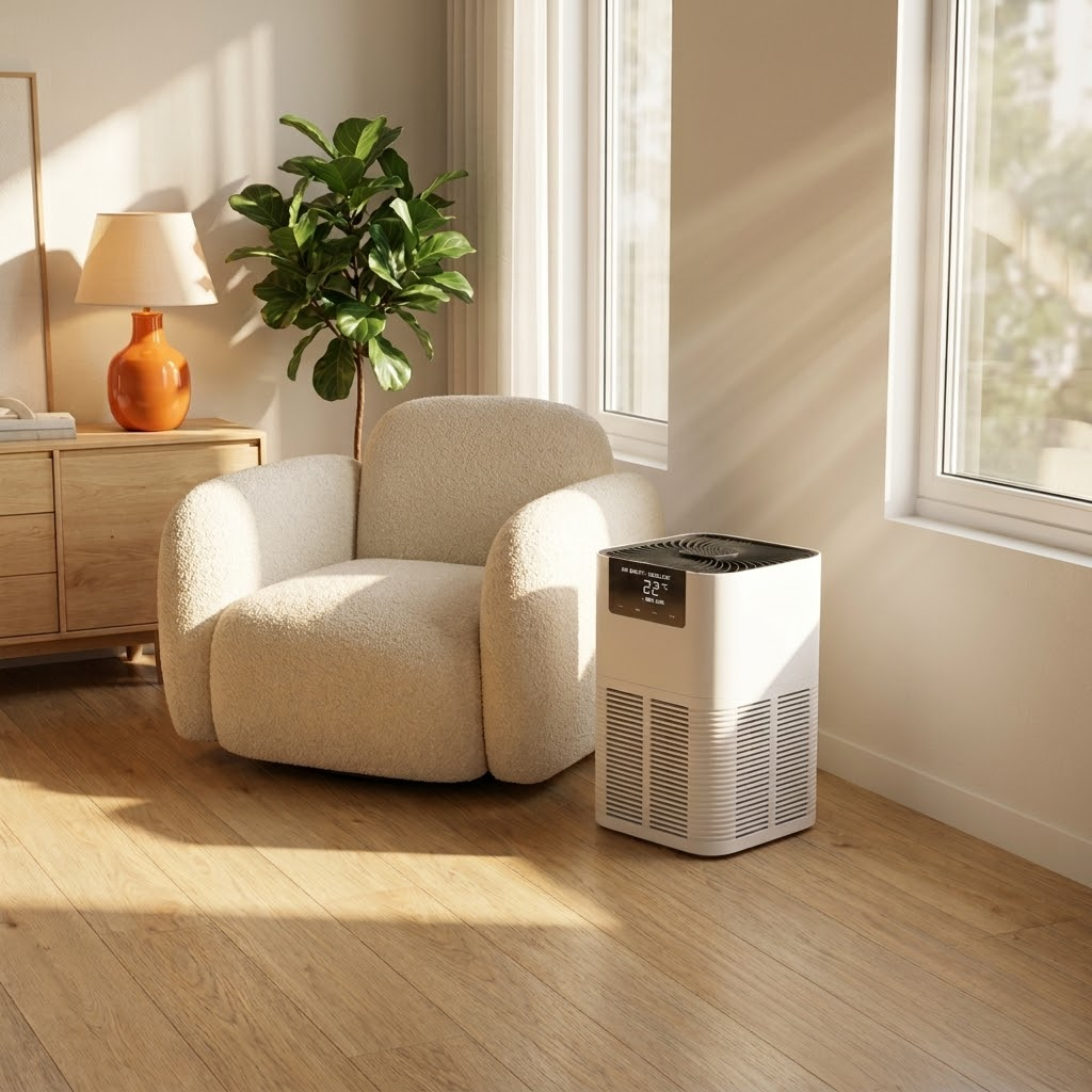 Allerze Air Purifier in a calm, sunlit bedroom
