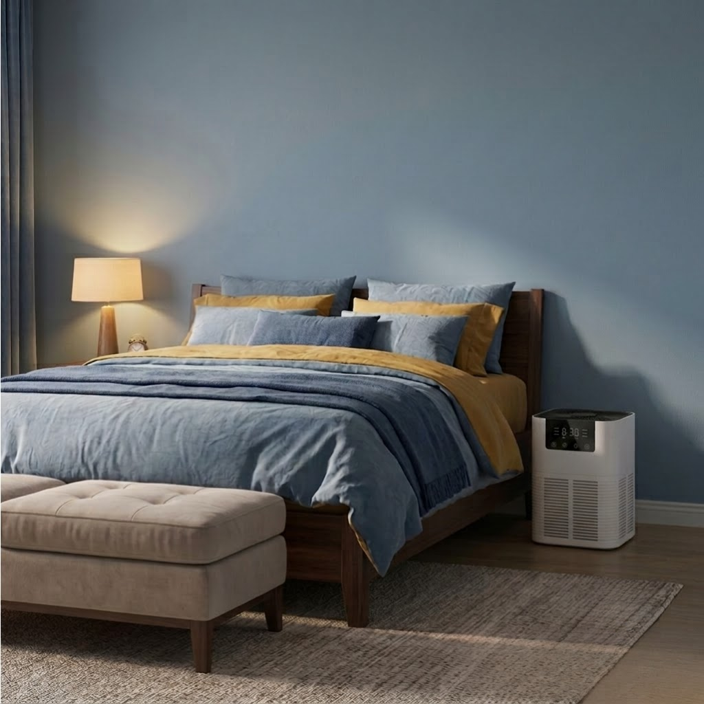 Allerze Air Purifier in a warm, styled home setting